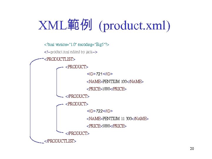 XML範例 (product. xml) <? xml version="1. 0" encoding="Big 5"? > <!--product. xml edited by