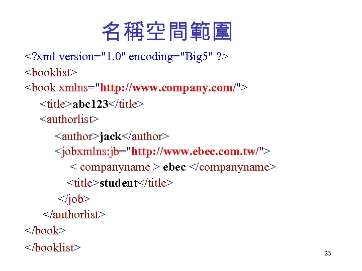 名稱空間範圍 <? xml version="1. 0" encoding="Big 5" ? > <booklist> <book xmlns="http: //www. company.