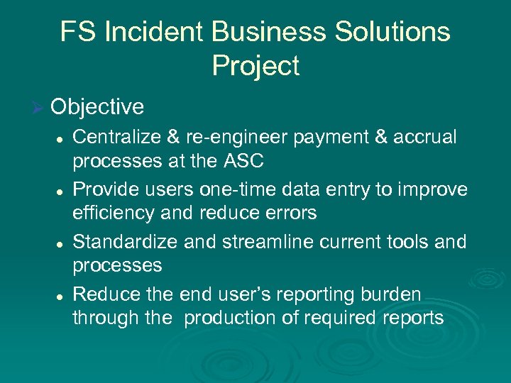 FS Incident Business Solutions Project Ø Objective l l Centralize & re-engineer payment &