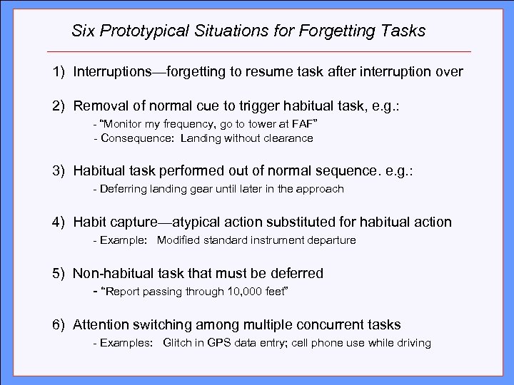 Six Prototypical Situations for Forgetting Tasks Click to edit Master title style 1) Interruptions—forgetting