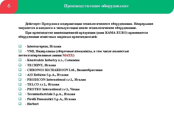 6 Производственное оборудование Действует Программа модернизации технологического оборудования. Непрерывно закупается и вводится в эксплуатацию