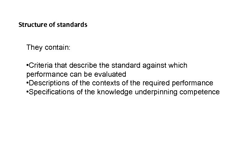 Structure of standards They contain: • Criteria that describe the standard against which performance