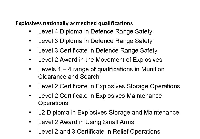Explosives nationally accredited qualifications • Level 4 Diploma in Defence Range Safety • Level