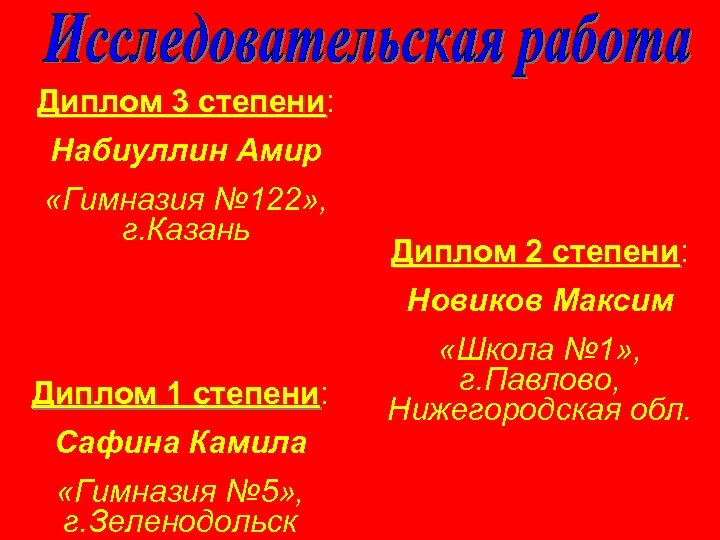 Диплом 3 степени: степени Набиуллин Амир «Гимназия № 122» , г. Казань Диплом 1