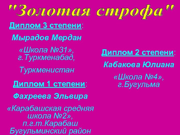 Диплом 3 степени: степени Мырадов Мердан «Школа № 31» , г. Туркменабад, Туркменистан Диплом