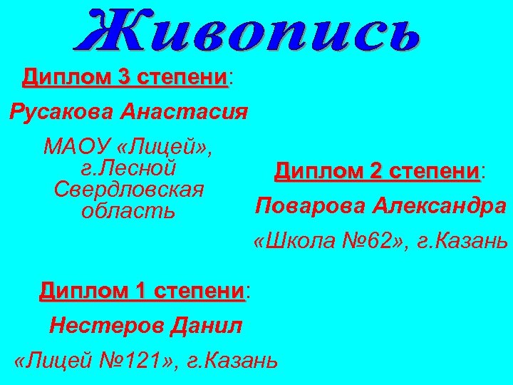 Диплом 3 степени: степени Русакова Анастасия МАОУ «Лицей» , г. Лесной Свердловская область Диплом