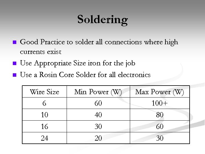Soldering n n n Good Practice to solder all connections where high currents exist