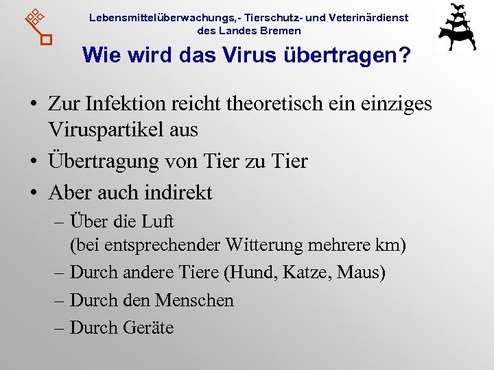 Lebensmittelüberwachungs, - Tierschutz- und Veterinärdienst des Landes Bremen Wie wird das Virus übertragen? •