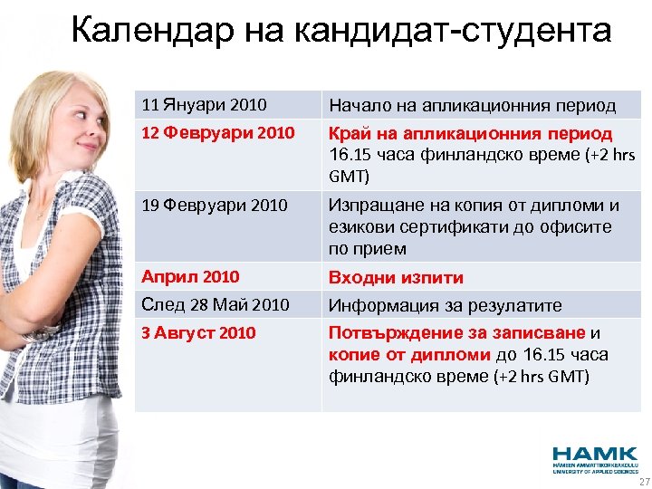 Календар на кандидат-студента 11 Януари 2010 Начало на апликационния период 12 Февруари 2010 Край