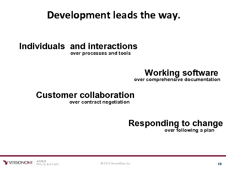 Development leads the way. Individuals and interactions over processes and tools Working software over