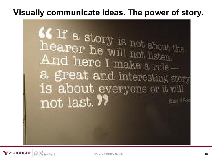 Visually communicate ideas. The power of story. © 2012 Version. One, Inc. 30 