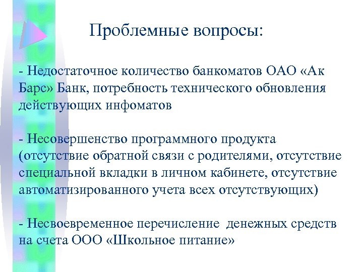 Проблемные вопросы: - Недостаточное количество банкоматов ОАО «Ак Барс» Банк, потребность технического обновления действующих