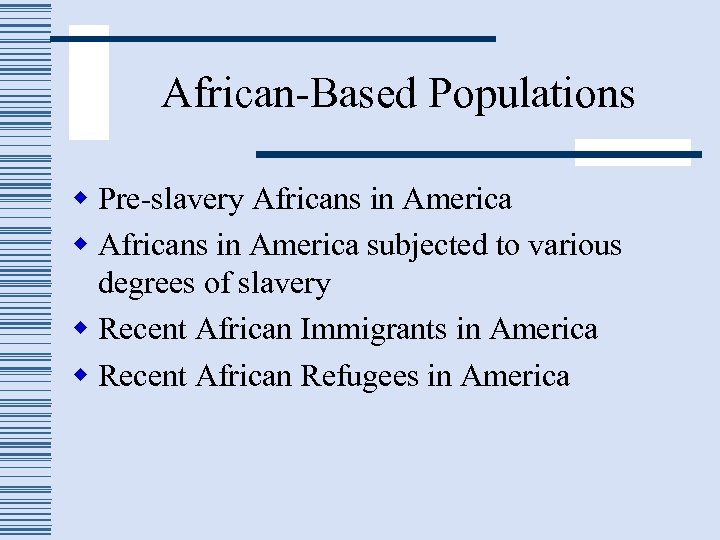 African-Based Populations w Pre-slavery Africans in America w Africans in America subjected to various