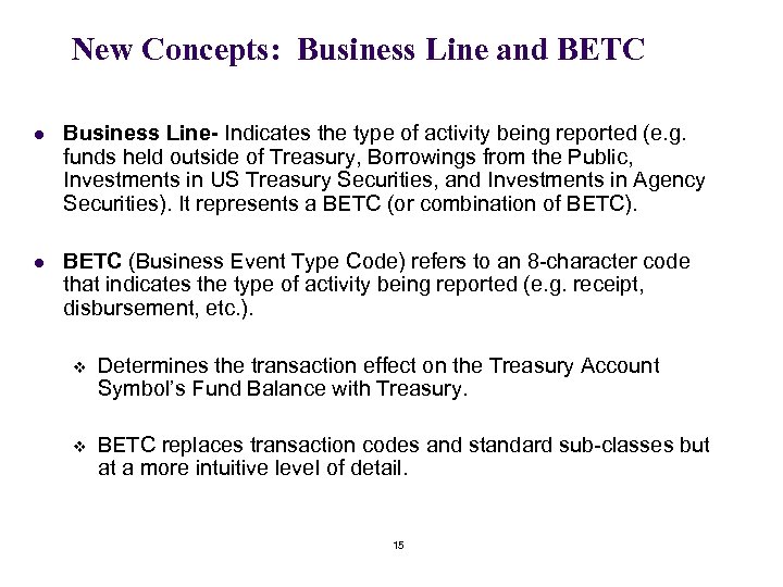 New Concepts: Business Line and BETC l Business Line- Indicates the type of activity