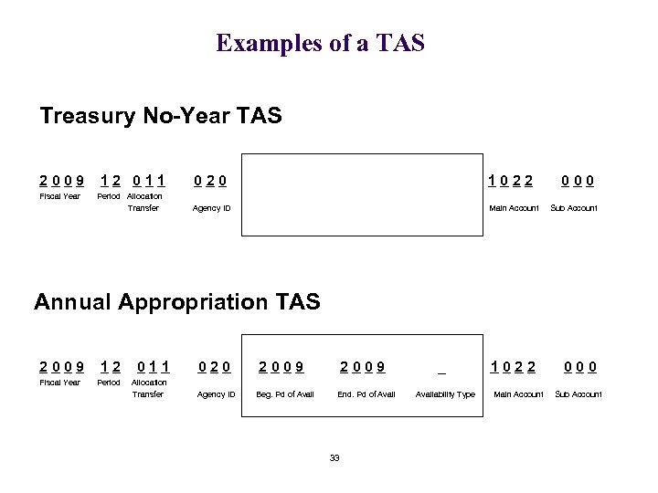 Examples of a TAS Treasury No-Year TAS 2009 Fiscal Year 12 011 Period Allocation