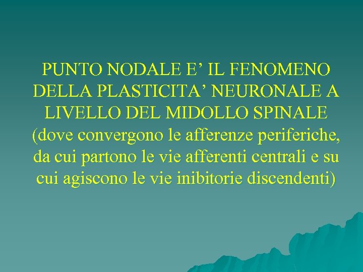 PUNTO NODALE E’ IL FENOMENO DELLA PLASTICITA’ NEURONALE A LIVELLO DEL MIDOLLO SPINALE (dove