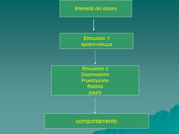 Intensità del dolore Emozione 1 spiacevolezza Emozione 2 Depressione Frustrazione Rabbia paura comportamento 
