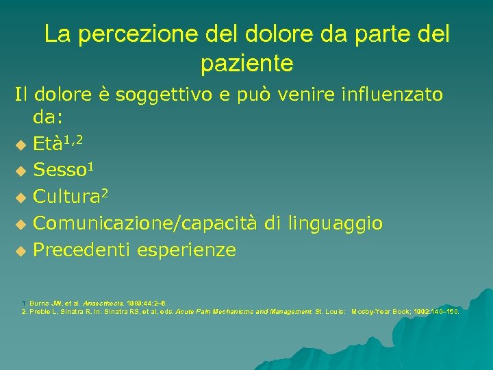 La percezione del dolore da parte del paziente Il dolore è soggettivo e può