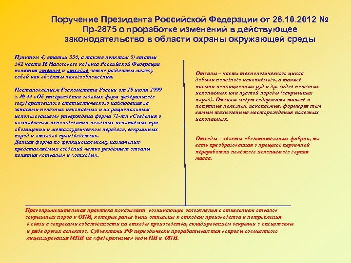 Поручение Президента Российской Федерации от 26. 10. 2012 № Пр-2875 о проработке изменений в