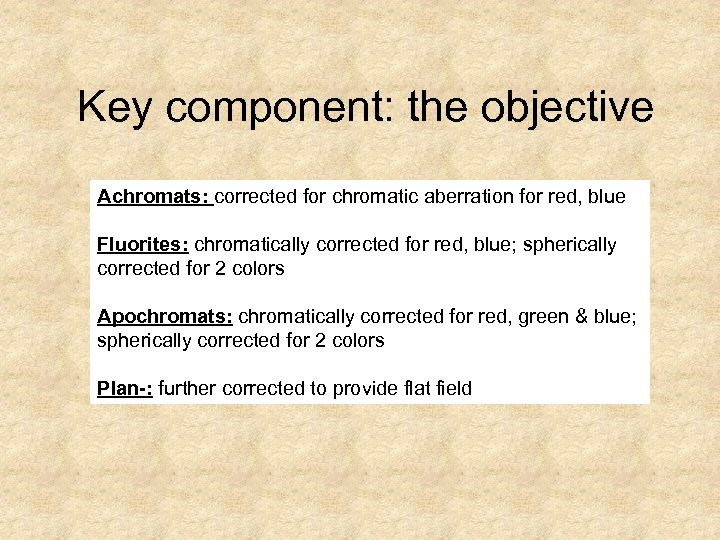 Key component: the objective Achromats: corrected for chromatic aberration for red, blue Fluorites: chromatically