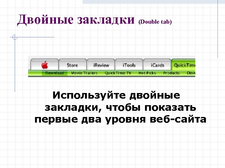 Двойные закладки (Double tab) Используйте двойные закладки, чтобы показать первые два уровня веб-сайта 