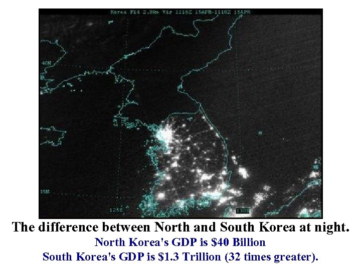 The difference between North and South Korea at night. North Korea's GDP is $40