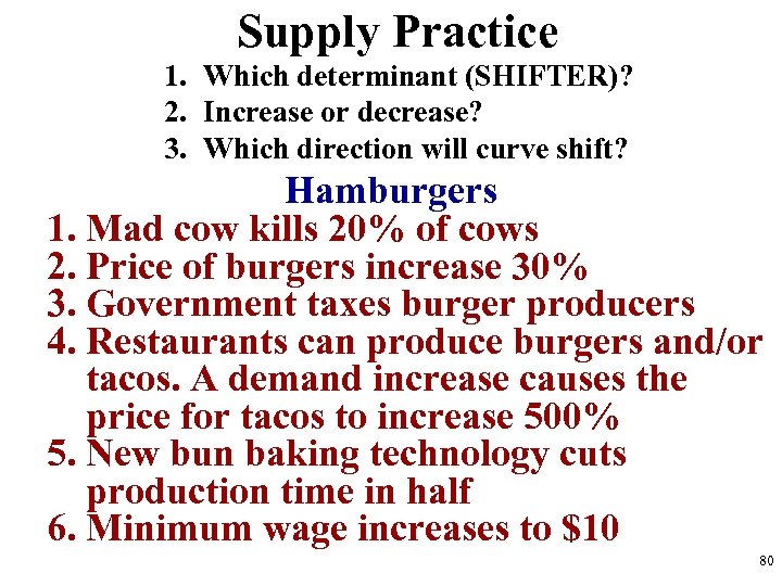 Supply Practice 1. Which determinant (SHIFTER)? 2. Increase or decrease? 3. Which direction will