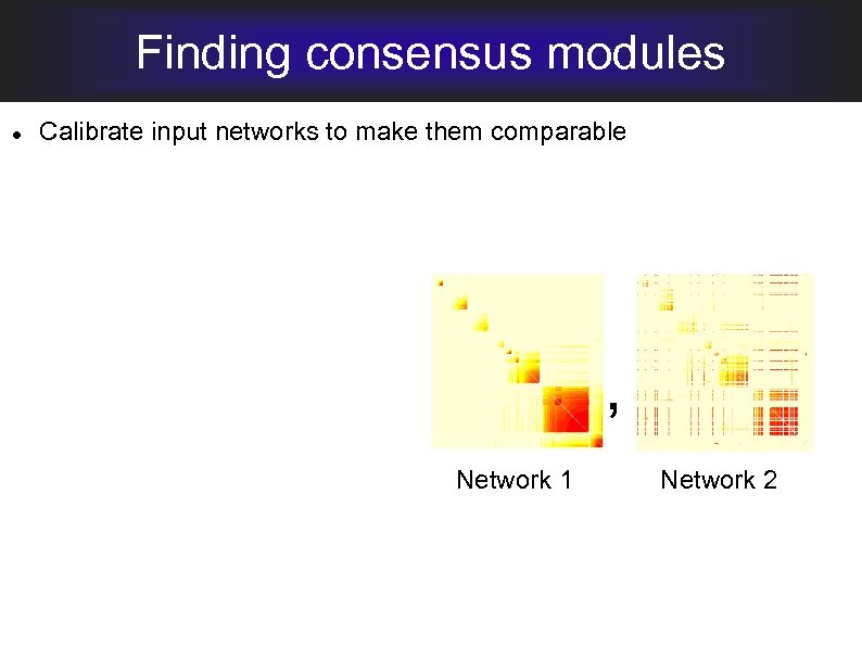 Finding consensus modules Calibrate input networks to make them comparable , Network 1 Network