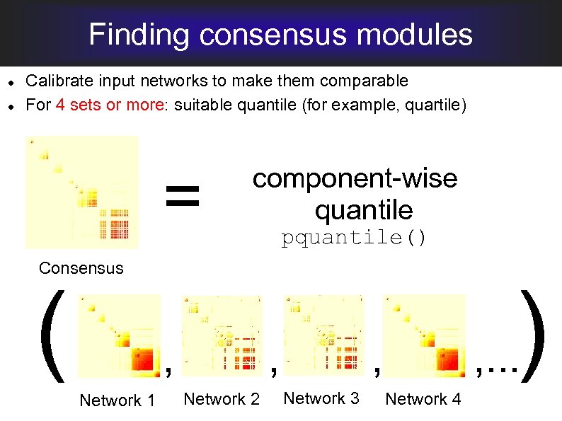 Finding consensus modules Calibrate input networks to make them comparable For 4 sets or