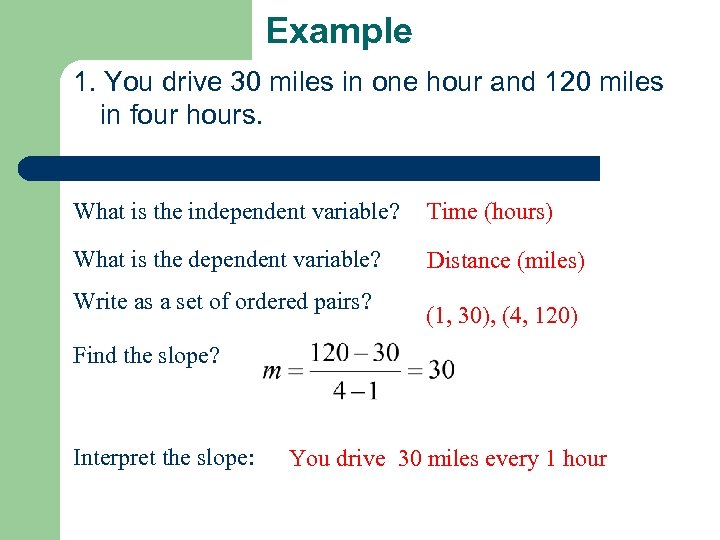 Example 1. You drive 30 miles in one hour and 120 miles in four