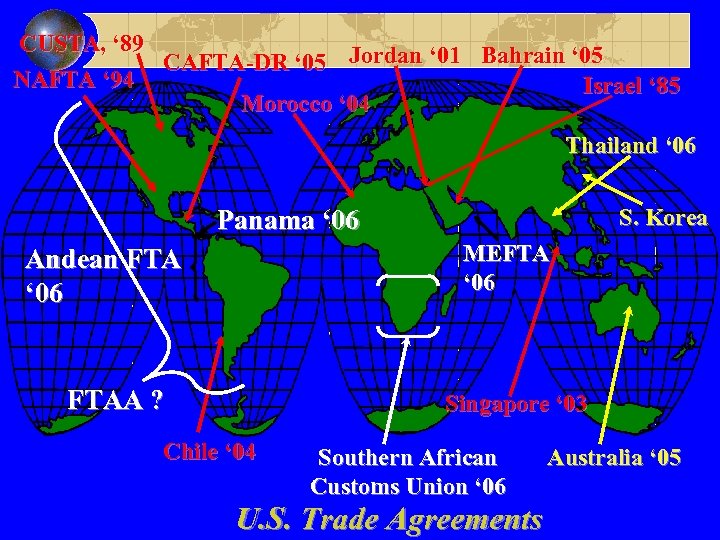 CUSTA, ‘ 89 CAFTA-DR ‘ 05 Jordan ‘ 01 Bahrain ‘ 05 NAFTA ‘