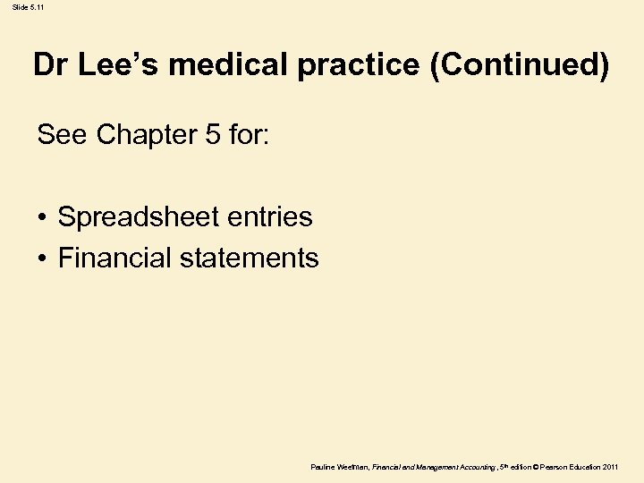 Slide 5. 11 Dr Lee’s medical practice (Continued) See Chapter 5 for: • Spreadsheet