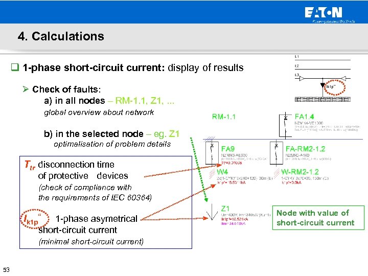 4. Calculations q 1 -phase short-circuit current: display of results Ø Check of faults: