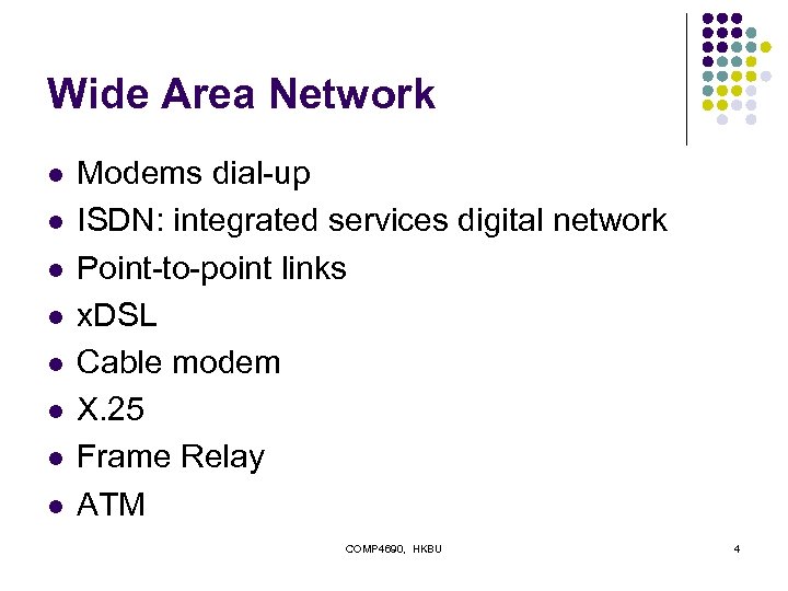 Wide Area Network l l l l Modems dial-up ISDN: integrated services digital network