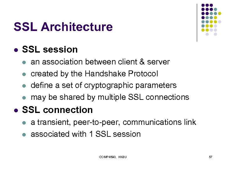 SSL Architecture l SSL session l l l an association between client & server