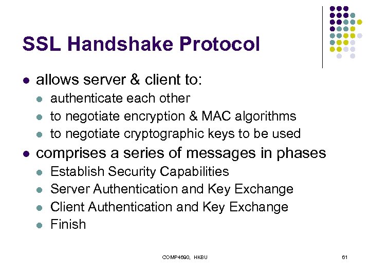 SSL Handshake Protocol l allows server & client to: l l authenticate each other