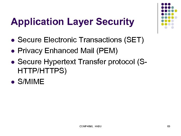 Application Layer Security l l Secure Electronic Transactions (SET) Privacy Enhanced Mail (PEM) Secure