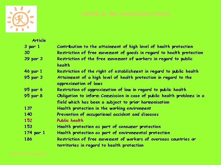 Health in the Amsterdam treaty Article 3 par 1 30 39 par 3 46