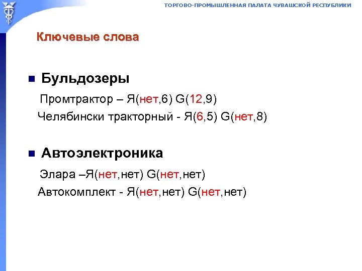 ТОРГОВО-ПРОМЫШЛЕННАЯ ПАЛАТА ЧУВАШСКОЙ РЕСПУБЛИКИ Ключевые слова n Бульдозеры Промтрактор – Я(нет, 6) G(12, 9)
