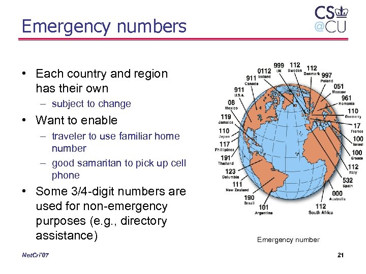 Emergency numbers • Each country and region has their own – subject to change