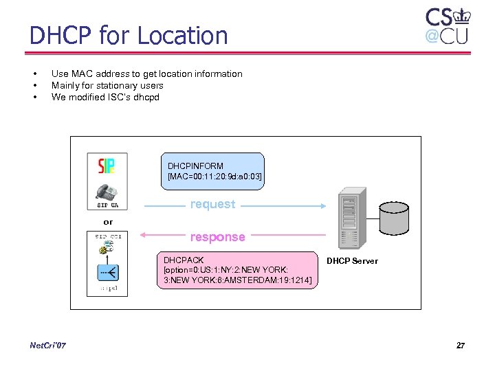 DHCP for Location • • • Use MAC address to get location information Mainly
