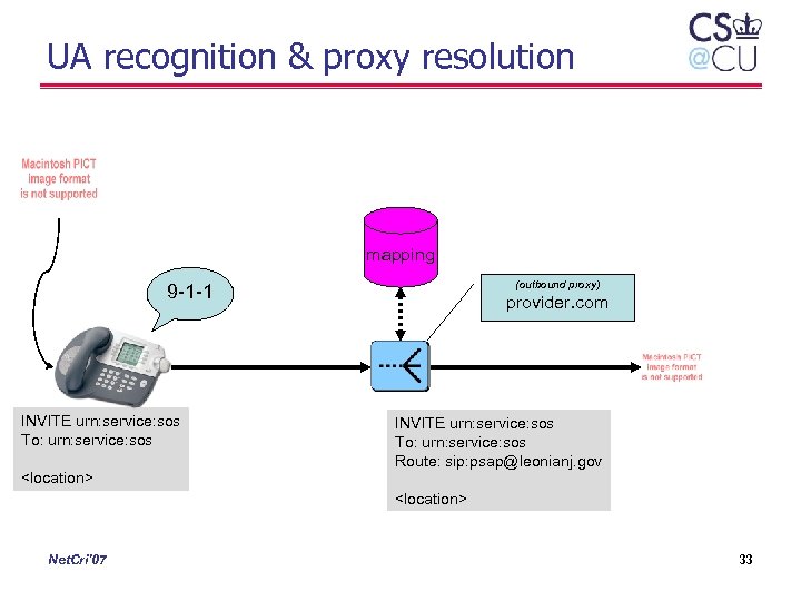 UA recognition & proxy resolution mapping (outbound proxy) 9 -1 -1 INVITE urn: service: