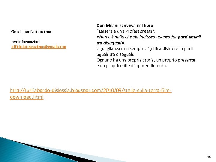 Grazie per l’attenzione per informazioni ufficiointegrazione@gmail. com Don Milani scriveva nel libro “Lettera a