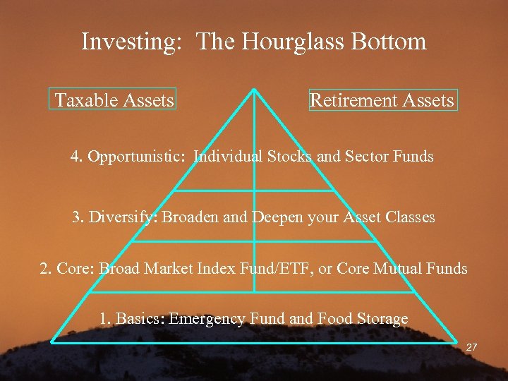Investing: The Hourglass Bottom Taxable Assets Retirement Assets 4. Opportunistic: Individual Stocks and Sector