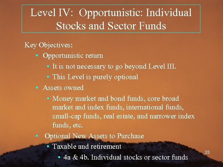 Level IV: Opportunistic: Individual Stocks and Sector Funds Key Objectives: • Opportunistic return •