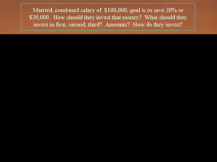 Married, combined salary of $100, 000, goal is to save 20% or $20, 000.