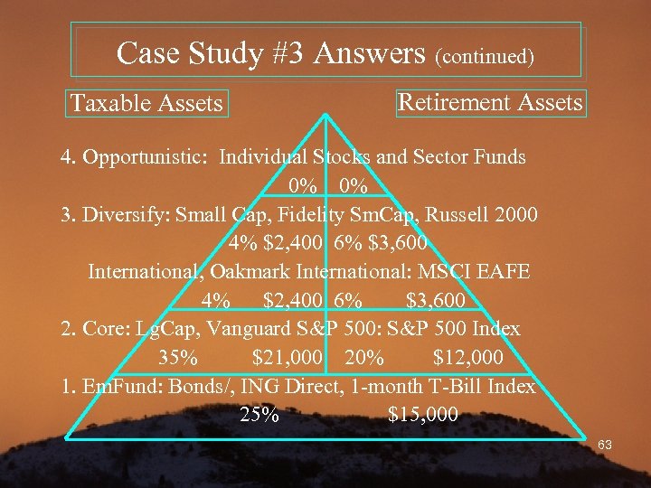 Case Study #3 Answers (continued) Taxable Assets Retirement Assets 4. Opportunistic: Individual Stocks and