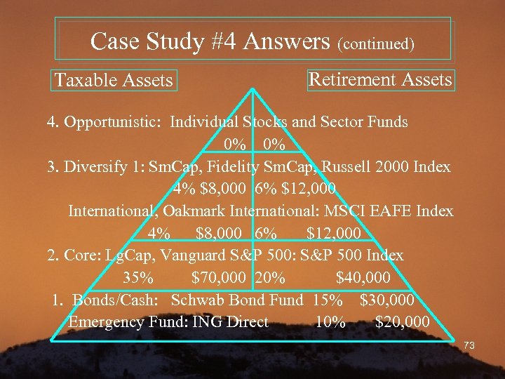 Case Study #4 Answers (continued) Taxable Assets Retirement Assets 4. Opportunistic: Individual Stocks and