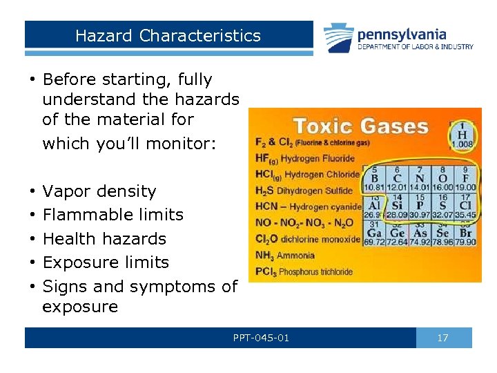 Hazard Characteristics • Before starting, fully understand the hazards of the material for which