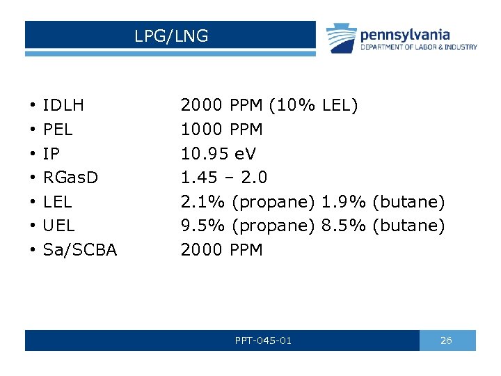 LPG/LNG • • IDLH PEL IP RGas. D LEL UEL Sa/SCBA 2000 PPM (10%